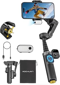 AOCHUAN AI Face Tracker Gimbal Stabilizer for iPhone w/Magnetic Remote, 360° Pan Rotation 3-Axis Gimbal for iPhone, Stabilizer w/Light, Built-in Extension Rod & One-Touch Open Tripod, Volg, Sport