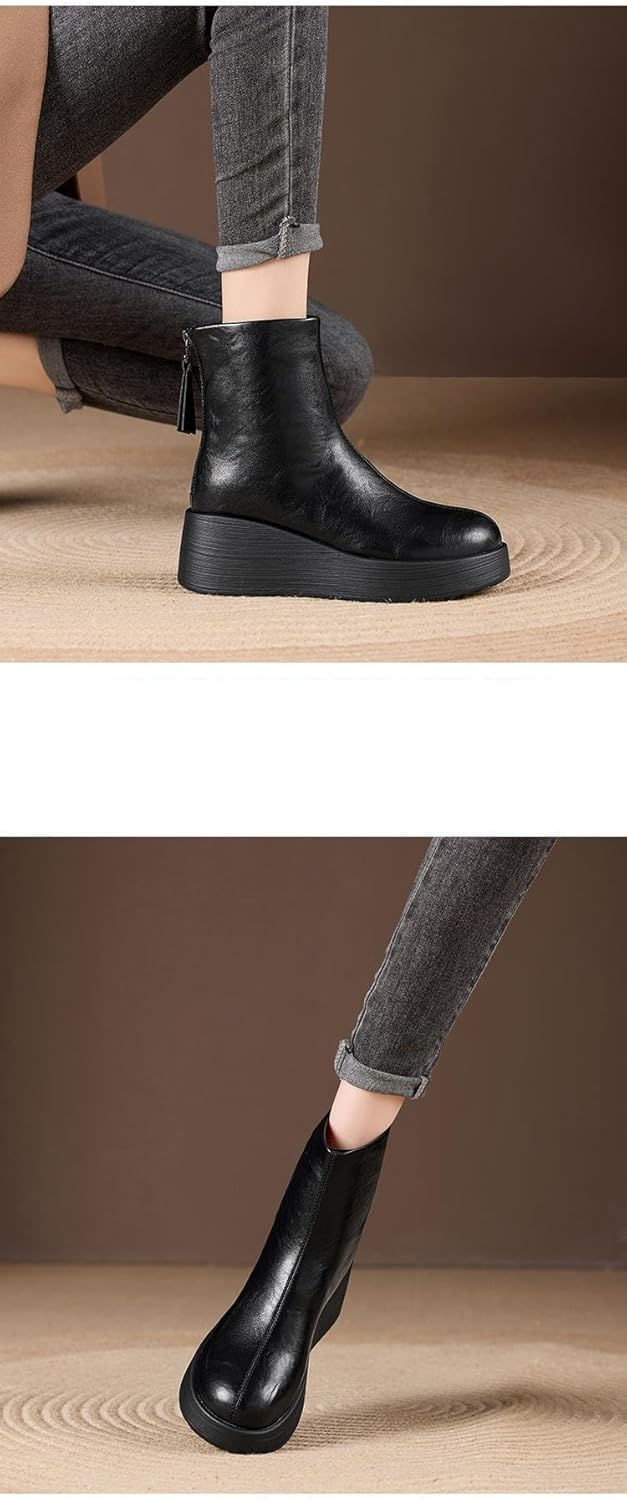 Women's Platform Wedge Ankle Boots Chunky Sole Booties, Retro Style Rear Zipper Round Toe Shoes, Fall Winter Casual Footwear