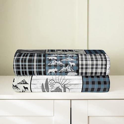 Feelyou Wildlife Flannel Fleece Blanket Set Rustic Western Cabin Bear Deer Plush Throw Blanket, For Sofa Couch Blue Grey Buffalo Check Bedding All Season,Bed Blanket Set Room Decor Throw 50"X60" #TOP3