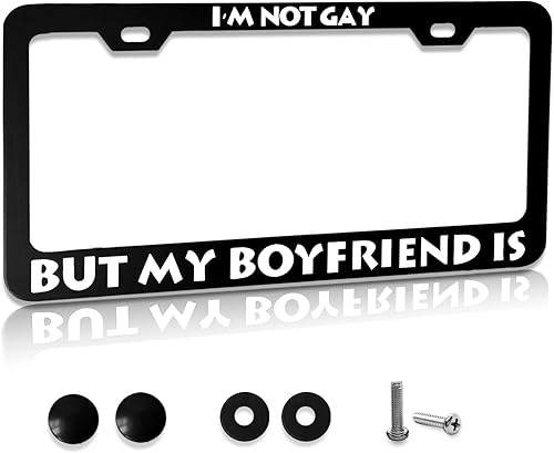 Marco de matrícula con textos humorísticos  I'm Not Gay But My Boyfriend is, divertido marco de aluminio de metal negro para automóvil con 2