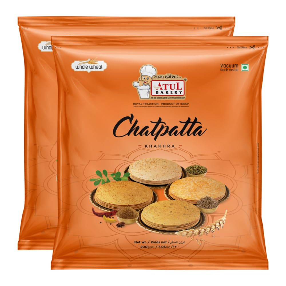 Atul Bakery Khakhra Various Flavours (200 Gram) - Crispy Delicious Bite - Traditional Gujarati Khakhra - Enjoy At Tea Time - Easy to Carry Anywhere (Pack of 2, Khakhra Chatpata)