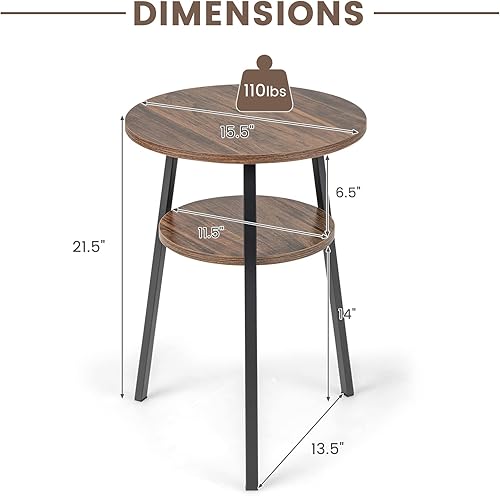 Miniatura 13 de Giantex Mesa auxiliar redonda, mesa de noche de 2 niveles con estante de almacenamiento abierto y marco de metal triangular resistente, mesa