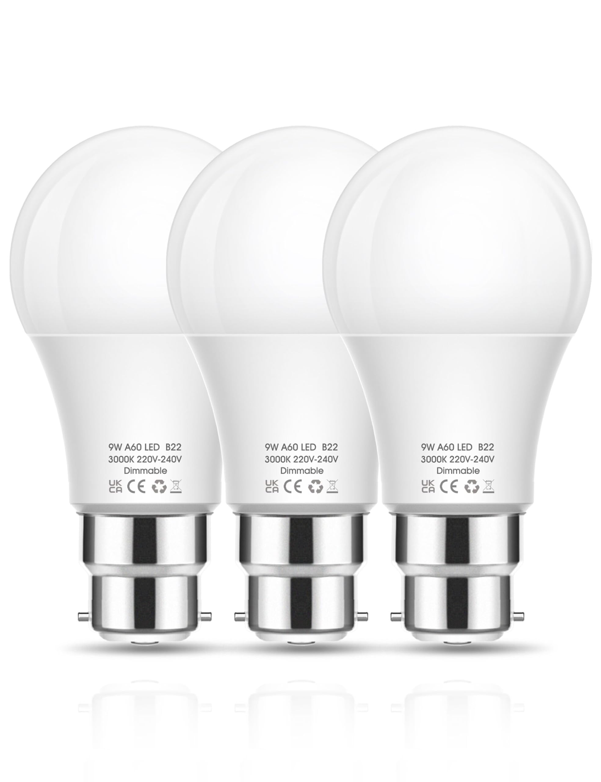 Bayonet Light Bulbs Dimmable, 60W Equivalent B22 LED Bulbs Bayonet Cap, 9W 3000K Warm White