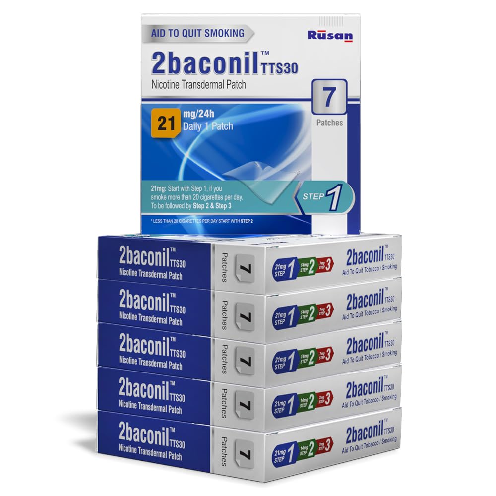 Rusan 2baconil Nicotine Transdermal Patch 21mg Step 1 | 42 Patches (6x7 Pack) | Nicotine Replacement Therapy | Quit Smoking & Chewing Tobacco/Ghutka