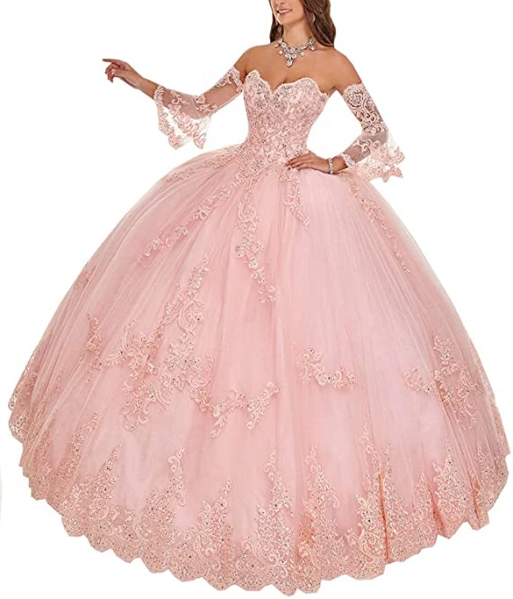 EmmaniWomen's Long Sleeve Sweetheart Quinceanera Dresses Lace Appliques Beaded Ball Gown Blush Pink 4