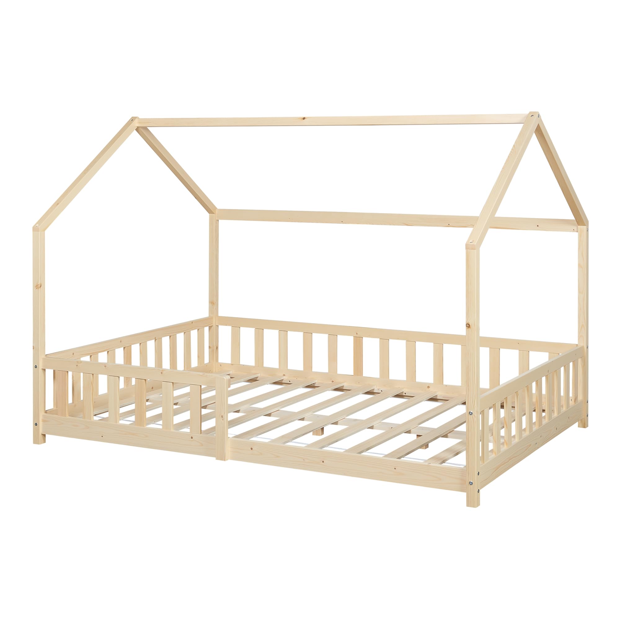 [en.casa] Łóżko domkowe do domku z listwą łóżka z wygodną kratką ochronną, nośność 120 kg, drewno sosnowe, sklejka, 120 x 200 cm, naturalne