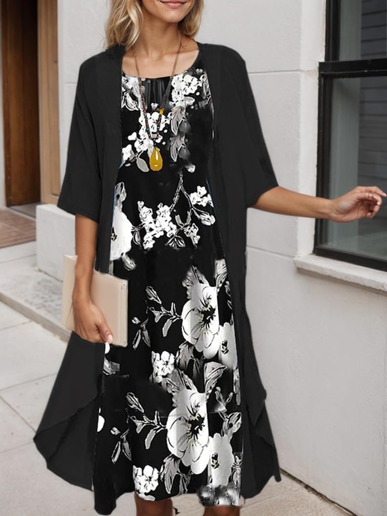 Women's Elegant Two-Piece Set Wedding Guest Formal Cocktail Dress with Jacket Flowy Casual Boho Floral Midi Dress - Image 2