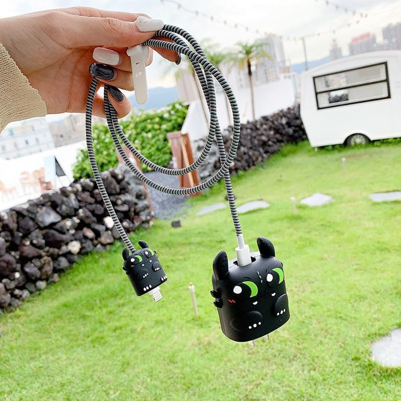 Image of INEFABLE Charger Case Cover Protector with 3D Cute Pattern for iPhone Charger only 18W & 20W, Data Charging Cable Wire Saver Protective Cable Cover Full Protection - Set Of 1 (Black Dragon)