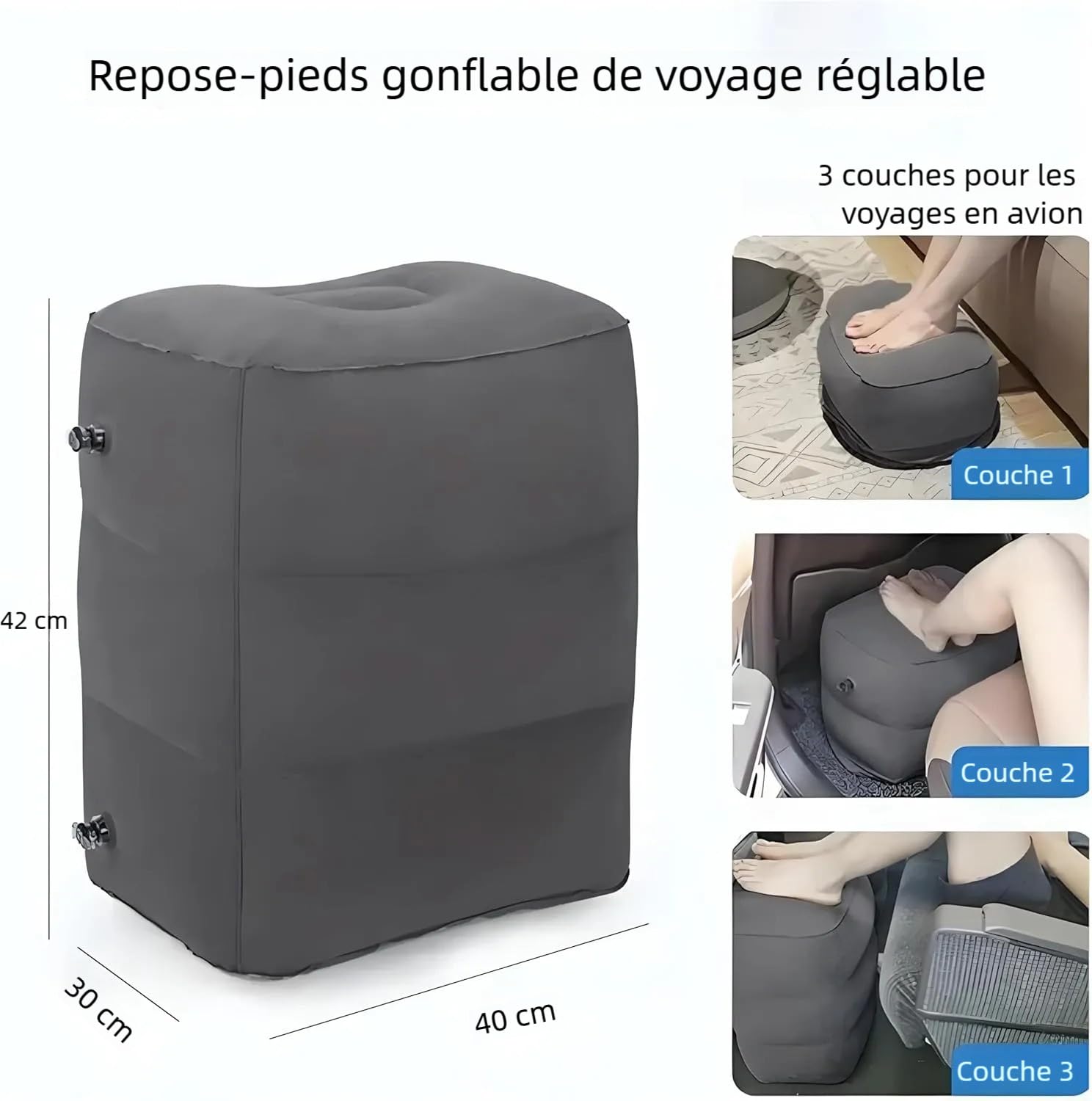 Lot de 2 repose-pieds gonflables pour enfants, coussin de voyage réglable en hauteur pour avions, voitures, bureau, essentiels de voyage en avion (gris foncé)