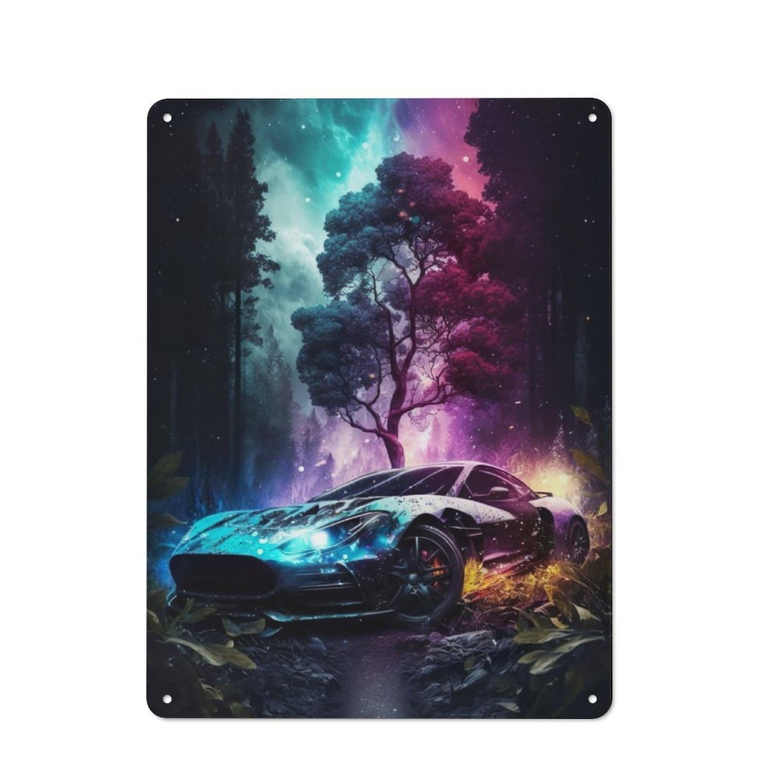 Distressed Look Vibrant Car in Forest Decorative Tin Sign 40x30cm, Retro Room Decor for Lounge, Study, Pub Or Wall Gallery