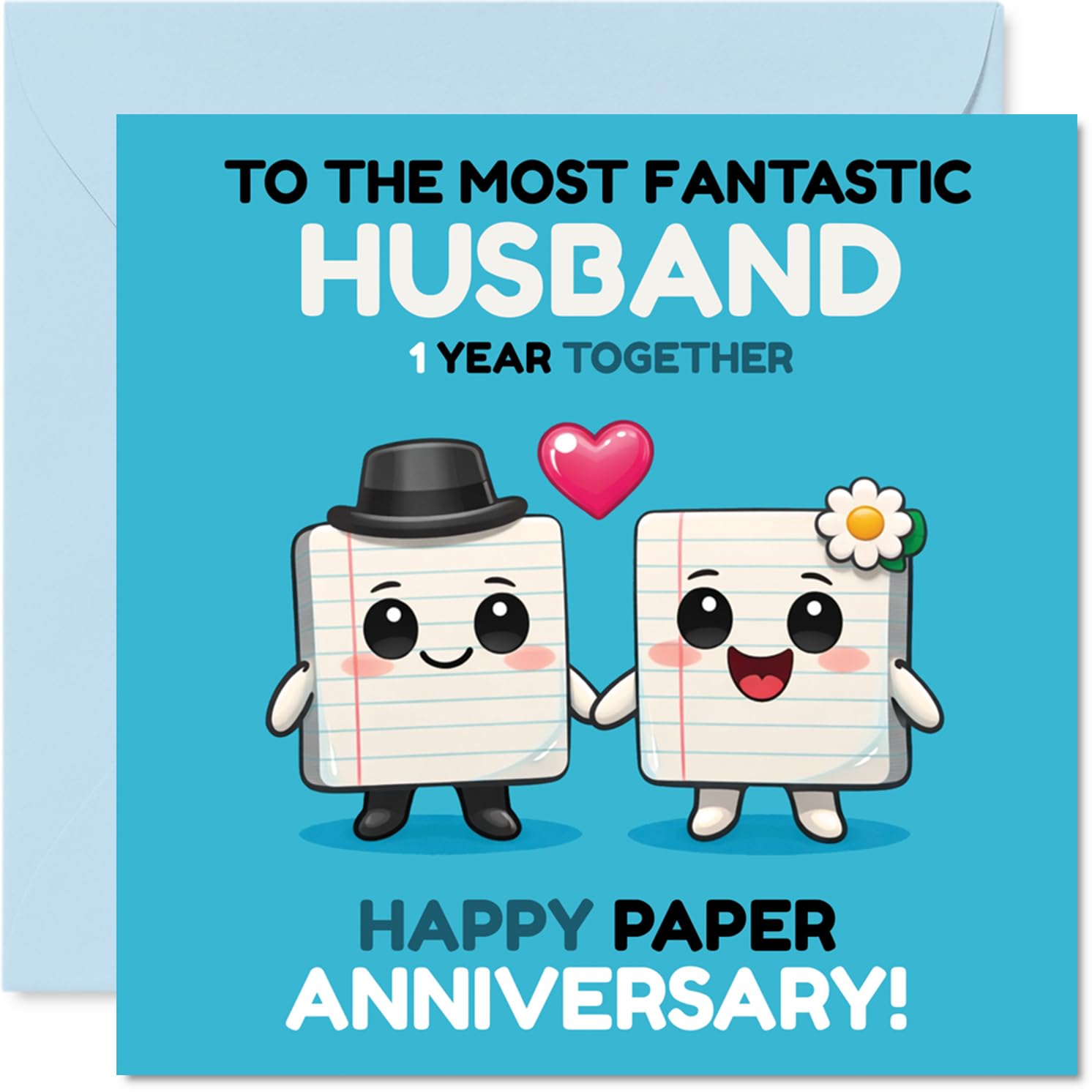 Playful 1st Anniversary Card for Husband - Celebrating One Brilliant Year - Two Adorable Characters Hand in Hand - 145mm Square, Envelope Included