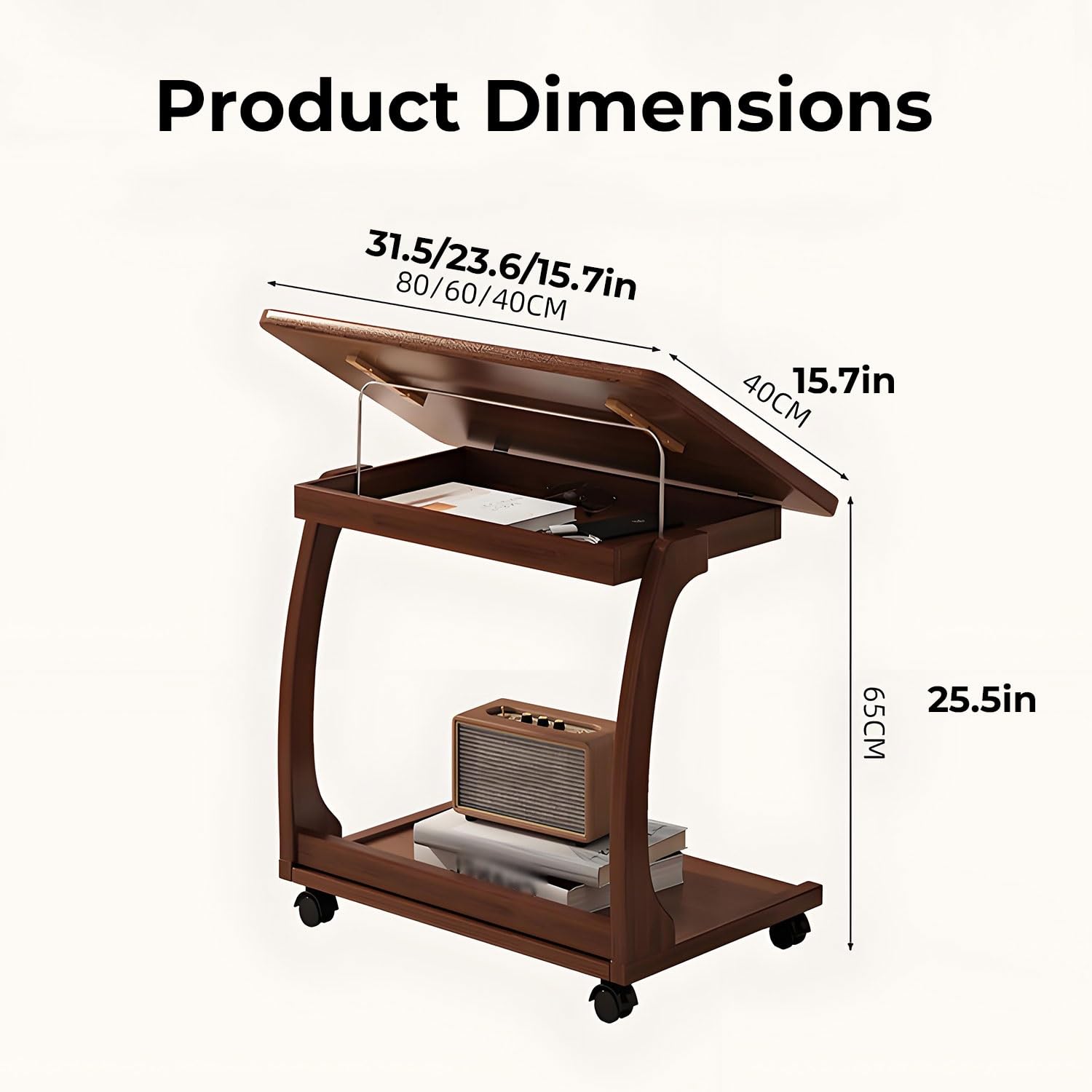Mesa Auxiliar De Madera con Bandeja Inclinable Y Ruedas,Mesa En Forma C