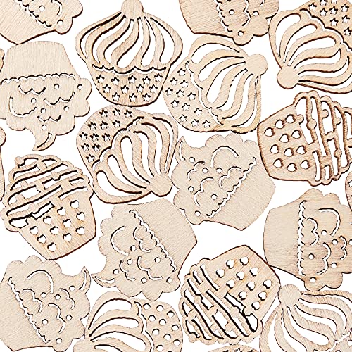 Liqunsweet 100 Pcs 1-Inch Paintable Unfinished Wood Cutouts Cabochons Cupcake Ice Cream Cake Dessert Theme Filligree Wooden Ornament For Baby Shower Birthday Party Favors Hanging Decorations - 23~26Mm #TOP23