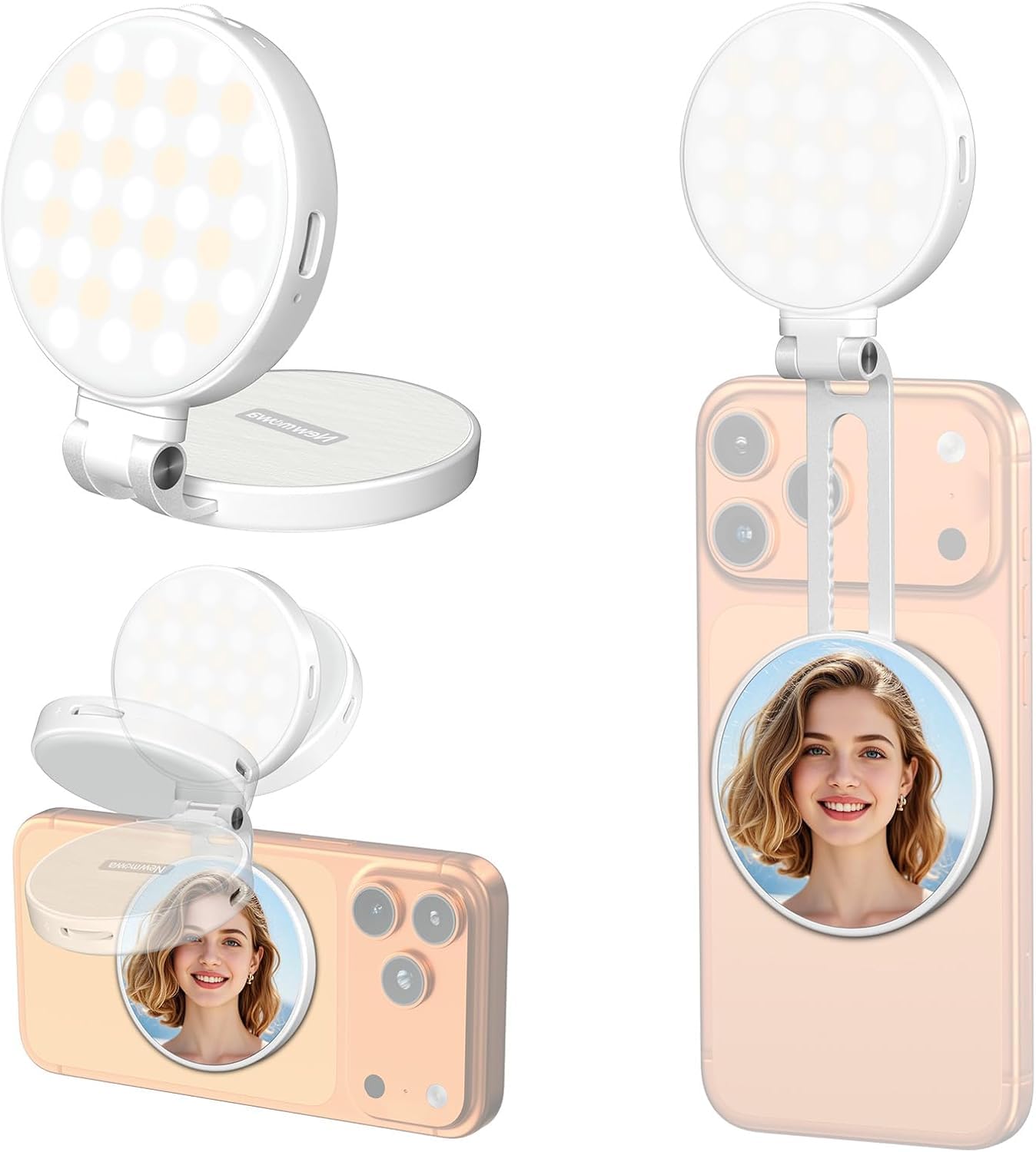 Newmowa Lampe magnétique pour selfie, anneau lumineux extensible avec miroir, lumière LED rechargeable portable pour selfie//maquillage/vidéoconférence/appel zoom/TikTok, compatible avec tous les