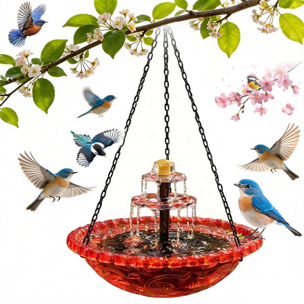 Solar Cascade Hanging Bird Bath Fountain, Solar Powered Birdbath Water Fountain Pumps Dispenser Outdoors Decor, Weatherproof Hanging Water Feature to Attract Wild Birds & Hummingbird