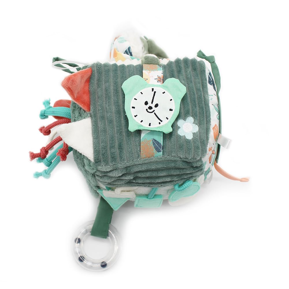 Les DEGLINGOS - Cube d'activités en Tissu Chillos Le Paresseux- Jouet d'éveil sonore et Tactile pour bébé - Jouet de développement - Cadeau de Naissance - 12cm - Vert