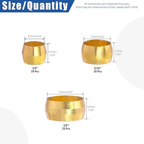 Miniatura 8 de Glarks 180 casquillos de compresión de latón OD de 316 pulgadas, 14 pulgadas, 516 pulgadas, kit surtido de accesorios de compresión de latón de 3