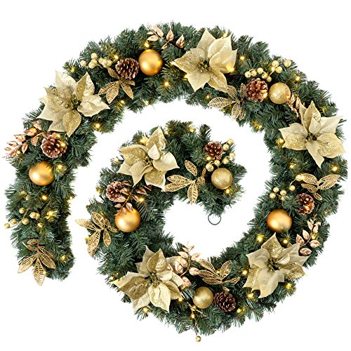 WeRChristmas Extra Thick Pre-Lit Decorated Garland with Warm White 80-LED Lights, Cream/Gold, 9 feet