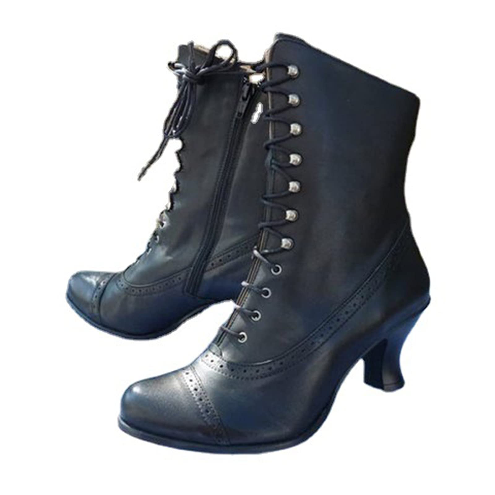 Victorian Boots for Women Low Heel 70s Vintage Lace Up Mid Calf Boots Halloween Almond Toe Lace Bow