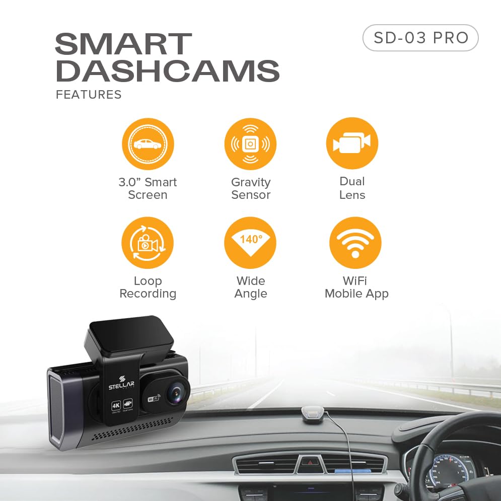 Image of STELLAR DRIVE SD-03 Pro 4k Dual Dash Cam | 4K Front + 2.5K Rear Camera | WiFi App Control | HD Resolution | 3.0 inch IPS Screen | Night Vision | 140 Wide Angle | Loop Recording | G-Sensor
