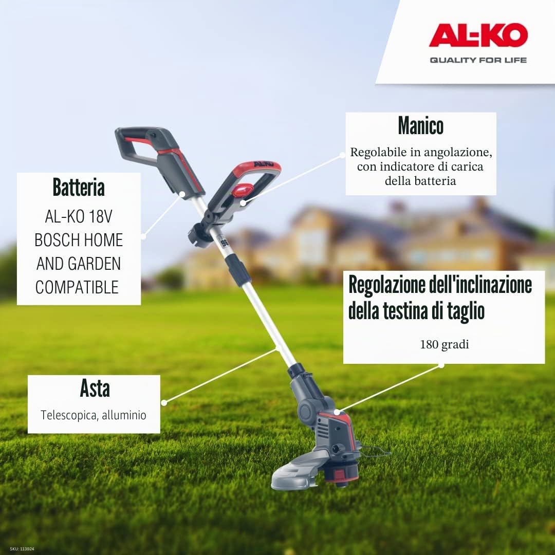 AL-KO Tagliaerba elettrico a batteria GT 1825, batteria agli ioni di litio da 18 V, larghezza di taglio 25 cm, asta telescopica, include bobina di ricambio