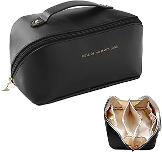 حقيبة مستحضرات تجميل للسفر بسعة كبيرة مكياج متعددة الوظائف أدوات الزينة بسحاب منظم التجميل سهل الوصول للنساء والفتيات لون اسود