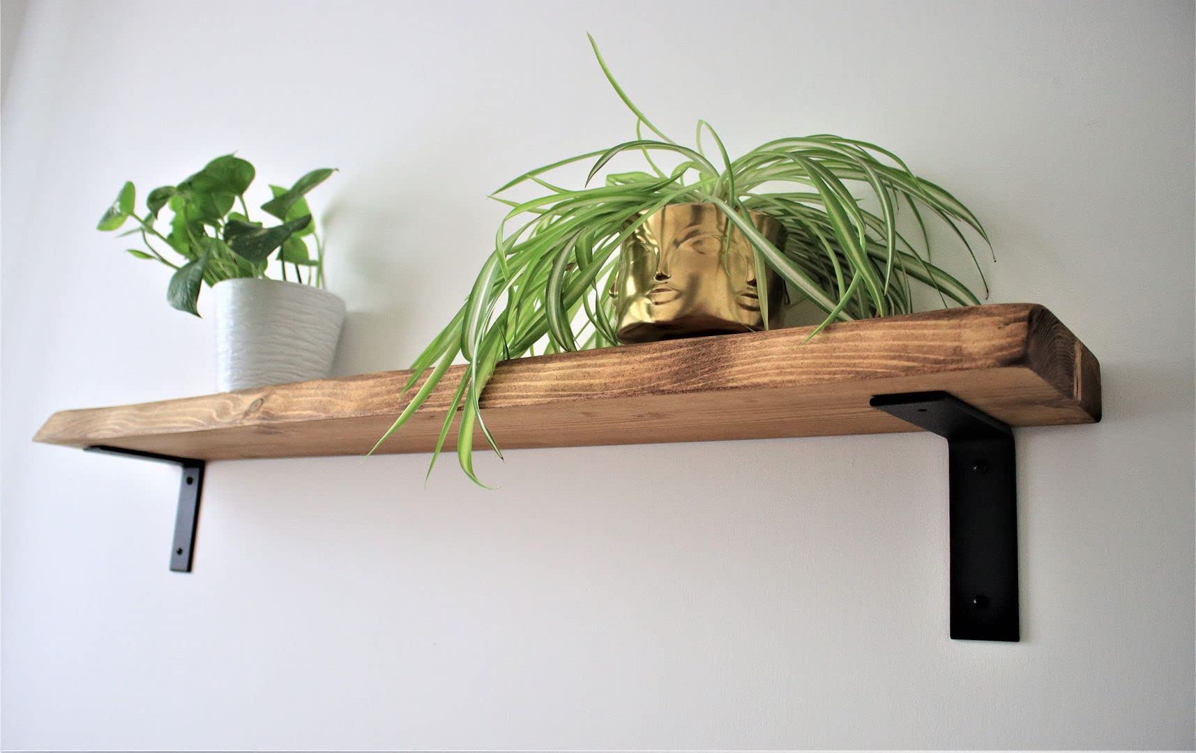 Live Edge Rustic Floating Shelf 6x2 inches, 90cm long with Flat Industrial Down Style Bracket - Antique Pine Finish Reclaimed Wood Floating Shelves for Wall, Rustic Wooden Shelves for Bedroom