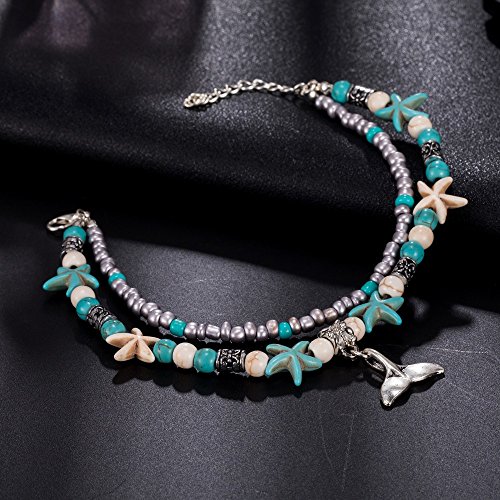 Image of Softones Blue Starfish Turtle Anklet Multilayer Charm Beads Sea Handmade Boho Anklet Foot Jewelry for Women
