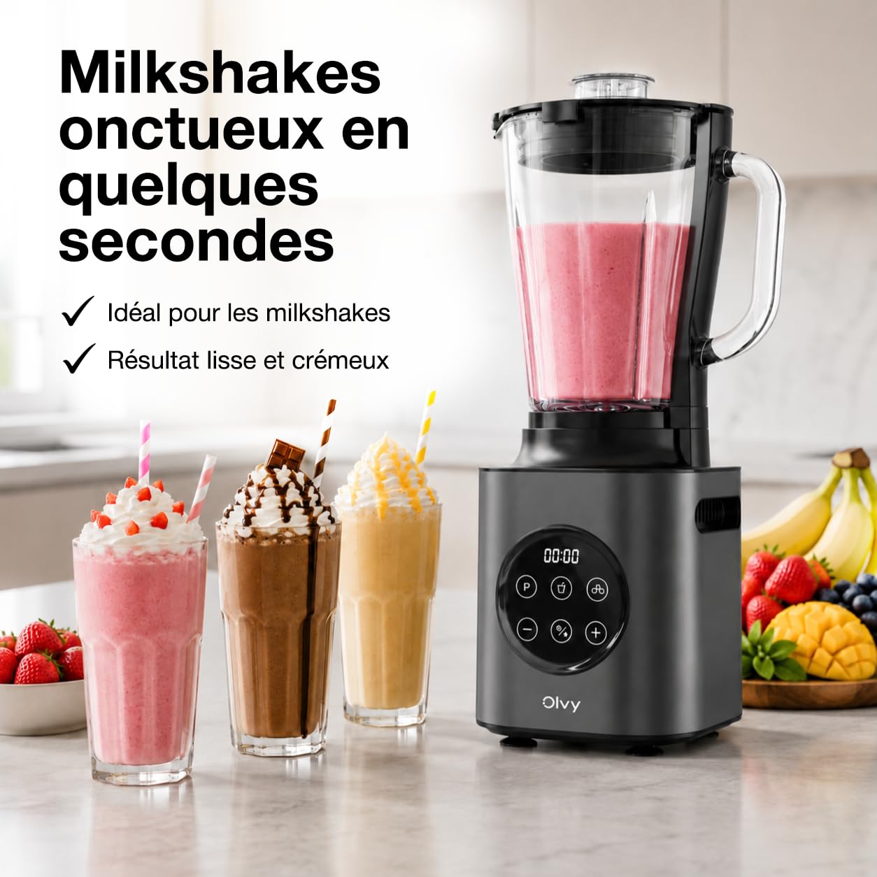 Olvy Blender Chauffant Mixeur Bol Verre Glace Pilee | 1 Appareil | Gris 1000W 1500ml 9 Vitesses | Smoothie Familial & Sport | Gourde Nomade Sans BPA