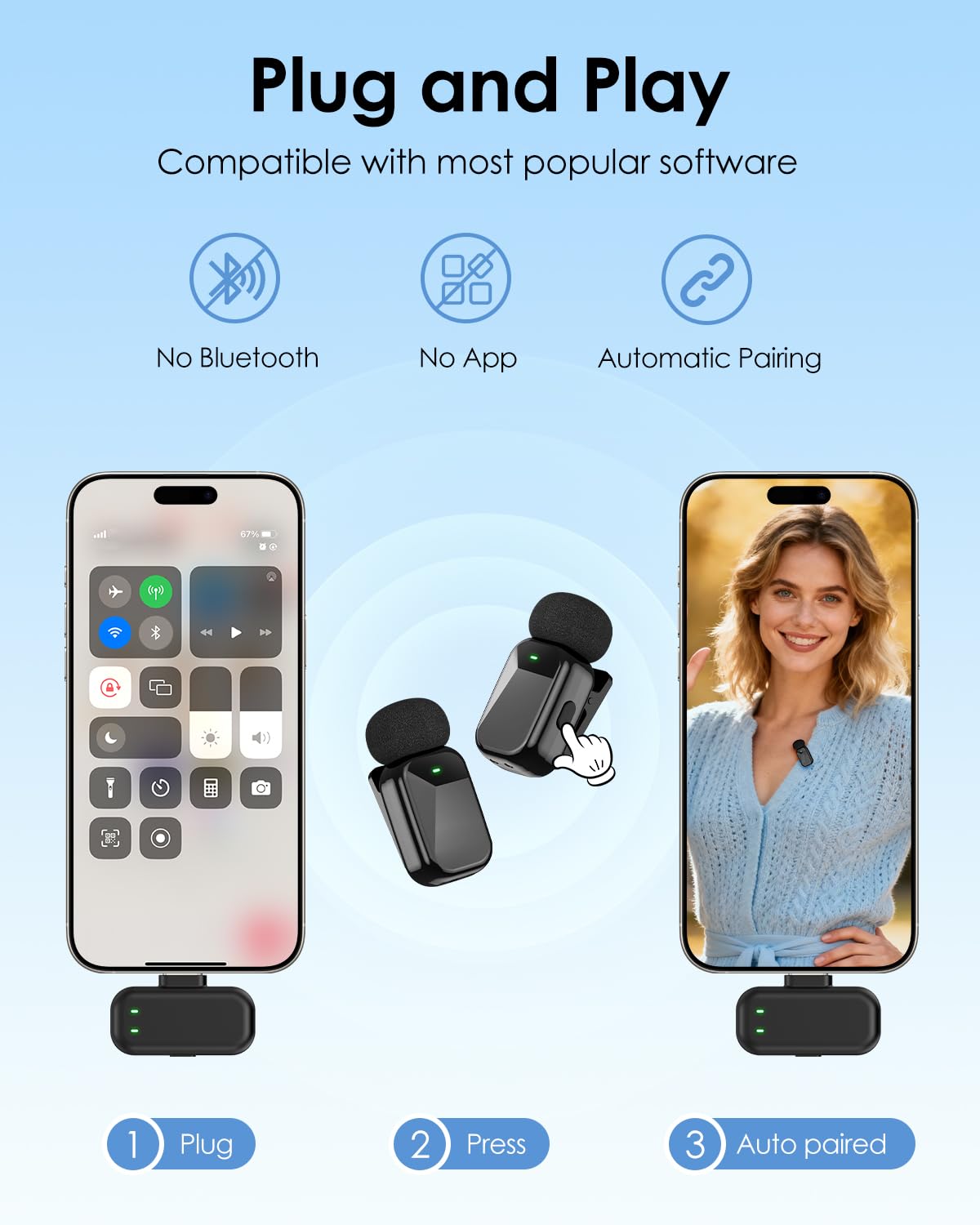 PoP voice Wireless Lavalier Microphone for iPhone/Android - Mini Clip-On Mic with Noise Cancellation, 65ft Range, 12H Battery, Lapel Mic for Record Video, Podcast Vlog Content Creator Interview: Black J27+Charging Case