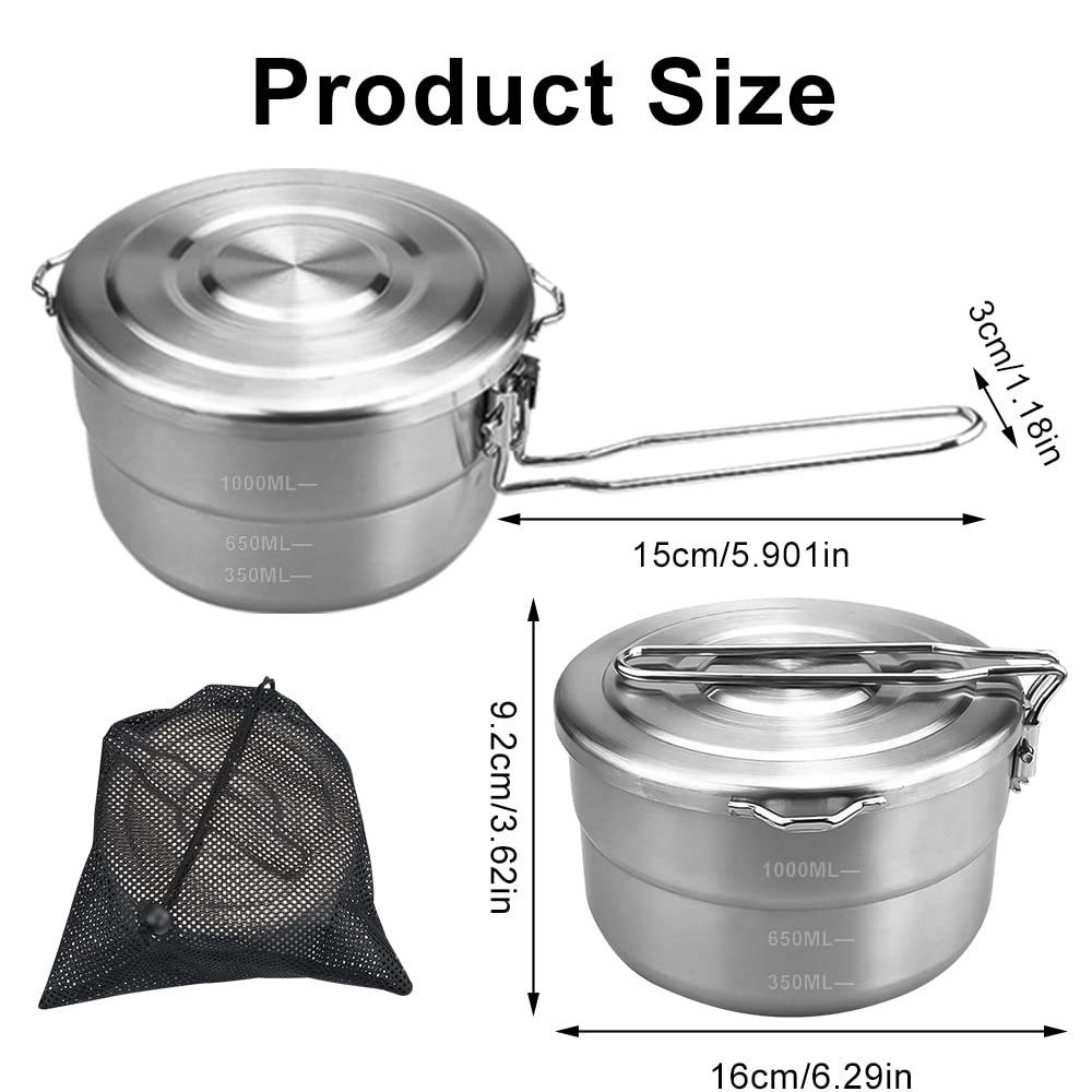 Pentole Campeggio Cucina da Campeggio in Acciaio Inox Grande Capacità 1,5L Con Coperchio e Maniglia Pieghevole per 2 Persone in Viaggio Escursionismo BBQ, Campeggio
