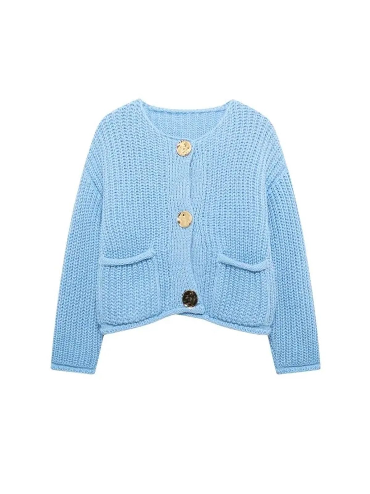 Suéter de Punto Manga Larga for Mujer, Botones Dorados, Bolsillos Parche Delanteros, Cuello Redondo, Prenda Exterior Femenina Cárdigan Mujer