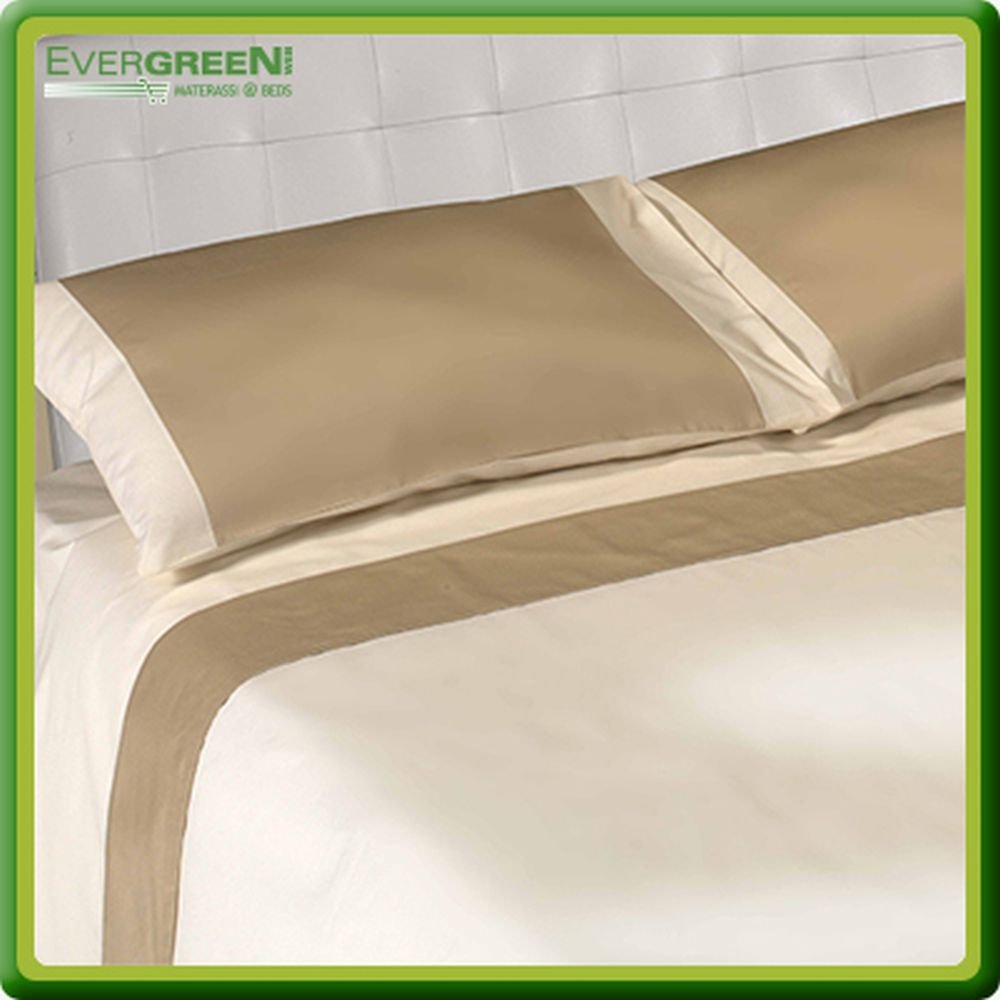 EVERGREENWEB MATERASSI & BEDS Coppia Lenzuola Matrimoniale in Cotone con Balza in Raso Sabbia