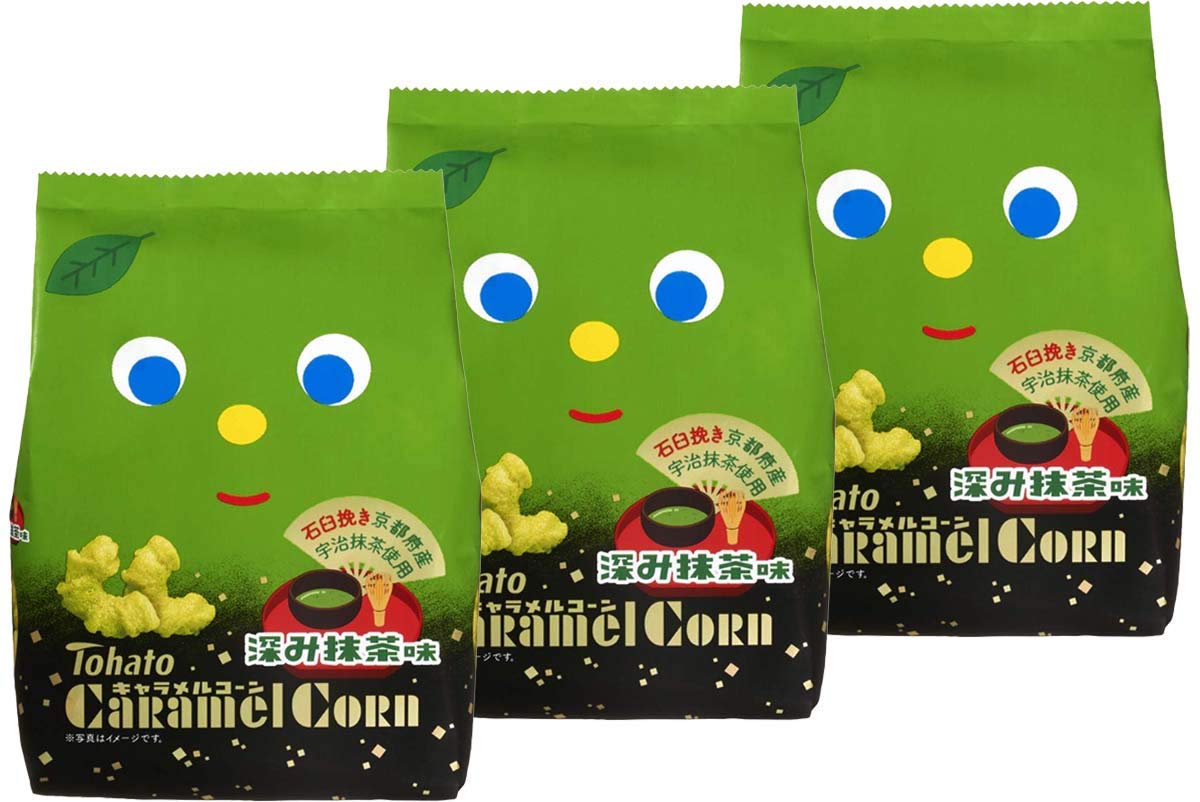 Tohato Caramel Corn, Matcha taste. 3 bags of sets. No.a301