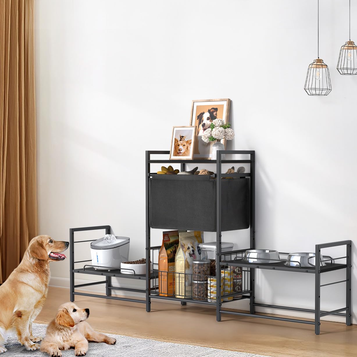 Support de gamelle surélevée pour chien avec 2 stations d'alimentation, armoire d'alimentation surélevée réglable avec panier à jouets, support de bol de nourriture et d'eau soulevé, organisateur de