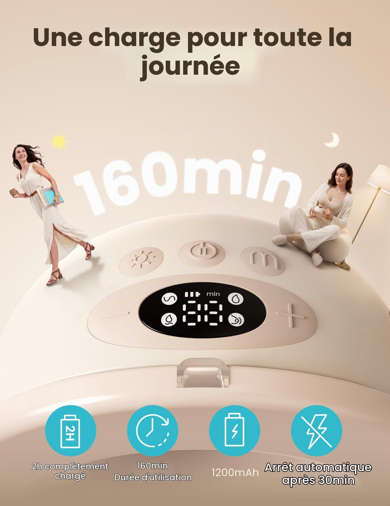 Paruu Tire lait Electrique Main Libre P16 Pro, Tire-lait Portable avec veilleuse, 4 modes et 12 niveaux, aspiration de 309 mmHg, sac de rangement et housse de protection (2, Champagne)