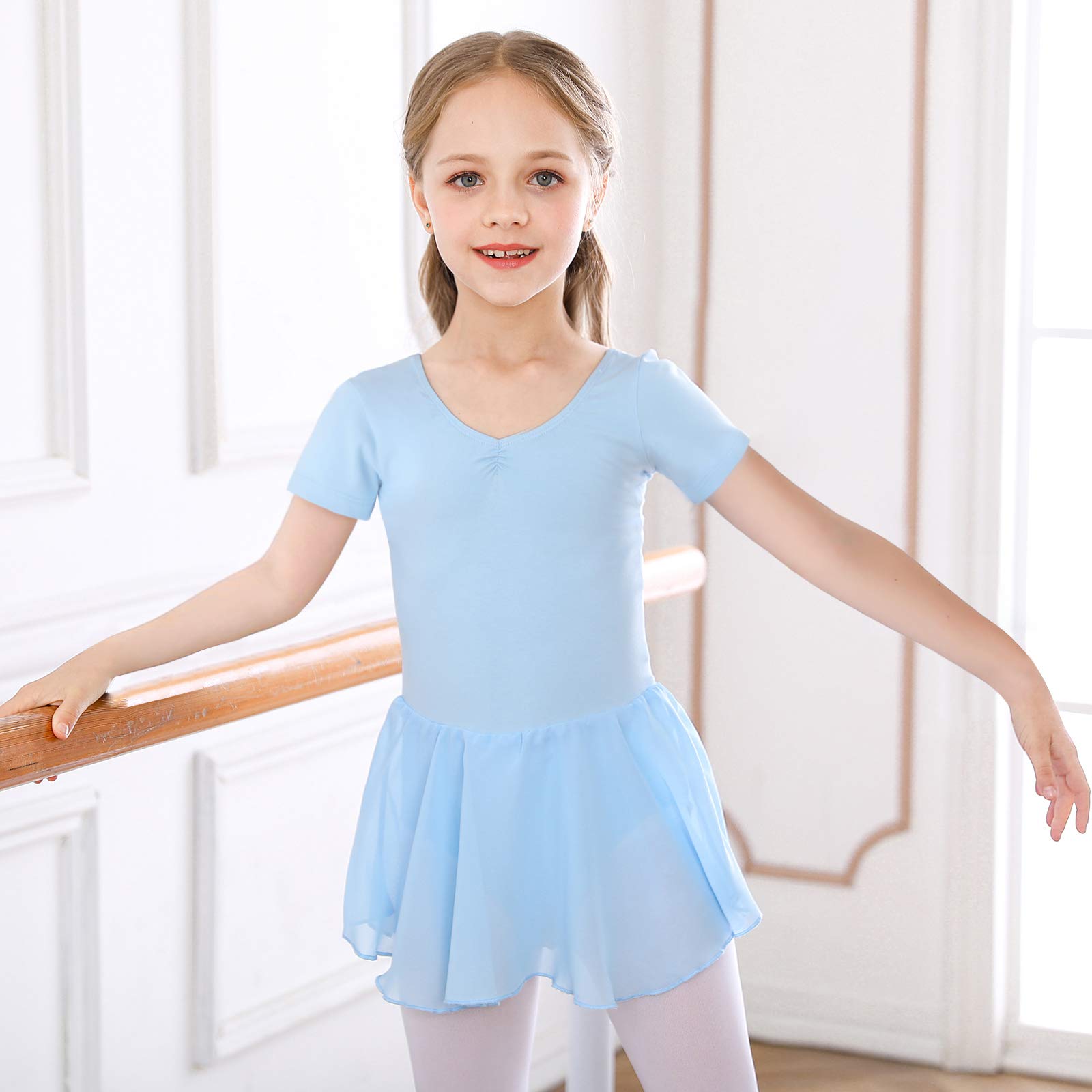 Bezioner Ragazza Balletto Leotard Vestito Danza Tutu Body Ginnastica Manica Corta con Chiffon Gonna