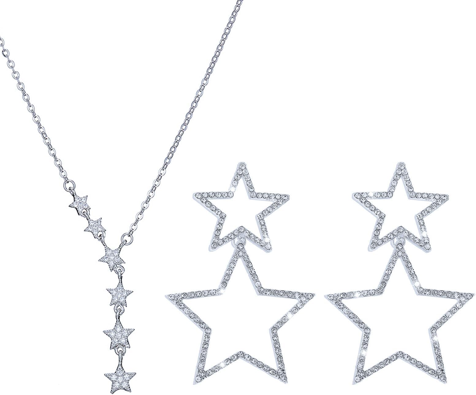 SMUOBTGold Silver Star Jewelry Necklace Earring Set for Women,3Pcs Polished Star Necklace and Hypoallergenic Gold Crystal Long Tassel Stars Dangling Stud for Women Jewelry Gift for Women