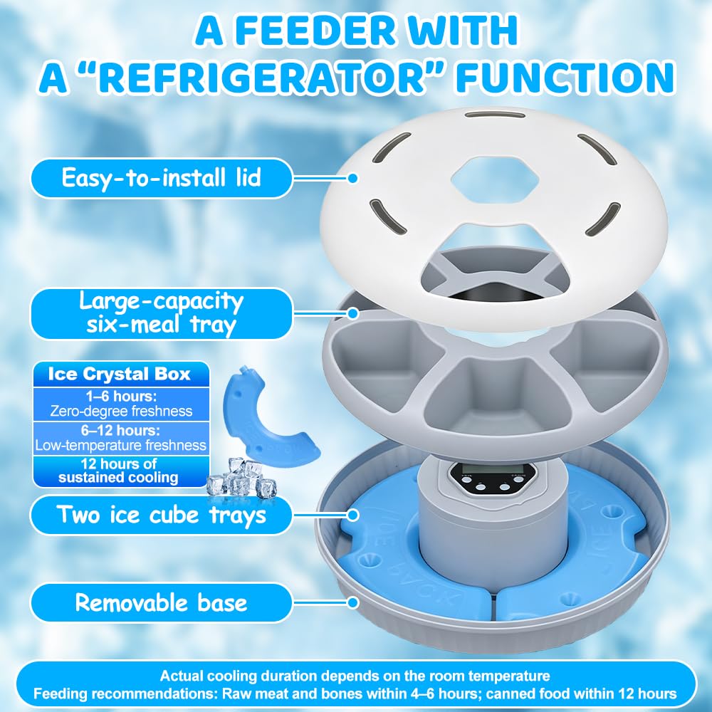 Comedero Automatico Gato, HOVCEH Dispensador para Comida Humeda Gato, Dispensador Comida Ga-to con Temporizador y 2 Paquetes de Hielo, 6 Comidas, El Temporizador se Puede Ajustar Libremente