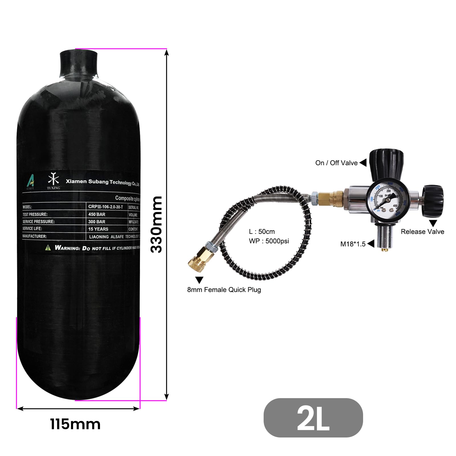 TUXING Réservoir à air en fibre de carbone 4500psi 2 l (bouteille d'empty & station de remplissage de paintball avec valve double calibre pour PCP Air Rifle, plongée, snorkeling, sports nautiques