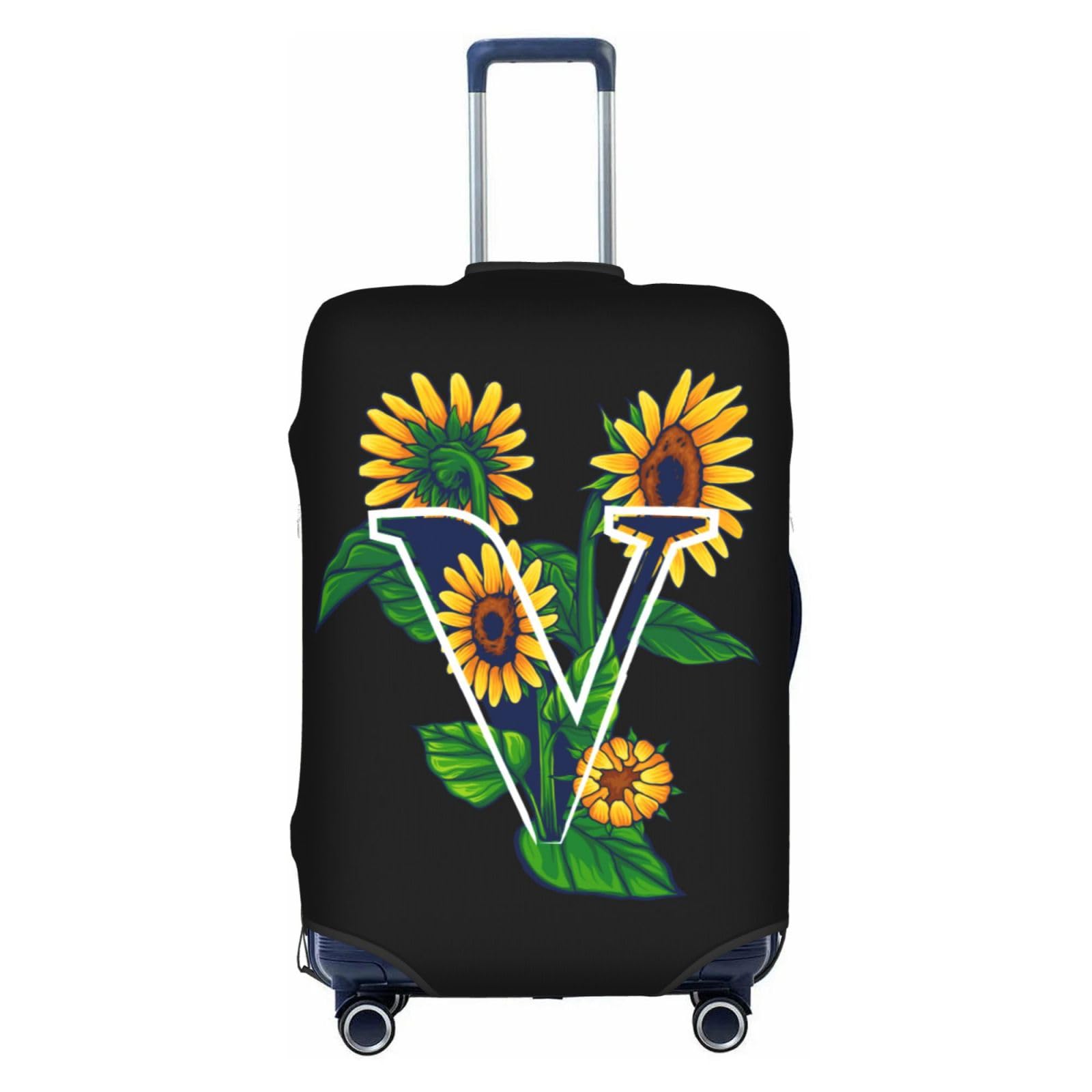 HAUYE Sunflower Initial Name V Black Luggage Cover Elastic Washable Stretch Suitcase Protector Anti-Scratch Travel Suitcase Cover for Kid and Adult L