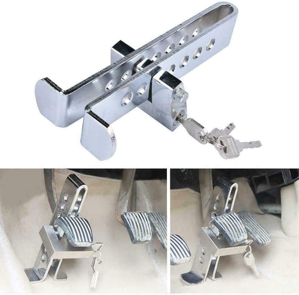 Geekbox Silver Car Pedal Lock - 8 Holes Clutch Anti-Theft Security Tool For Van And Vehicle - Stainless Steel Adjustable Brake Lock With Key