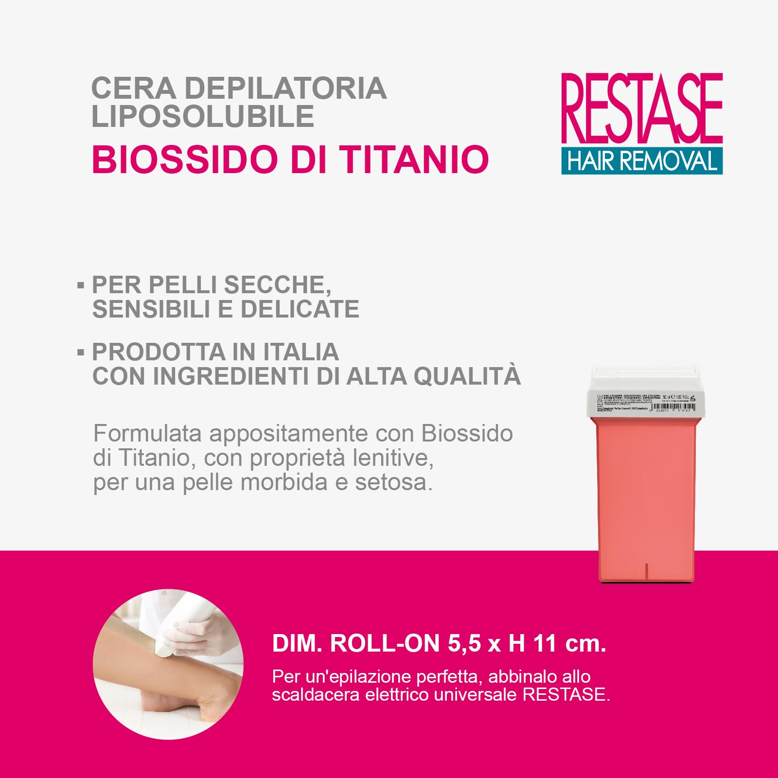 RESTASE | Fettlösliches Enthaarungswachs Roll On, Titandioxid, für trockene, empfindliche und empfindliche Haut, 50 ml, hergestellt in Italien (Packung mit 5)