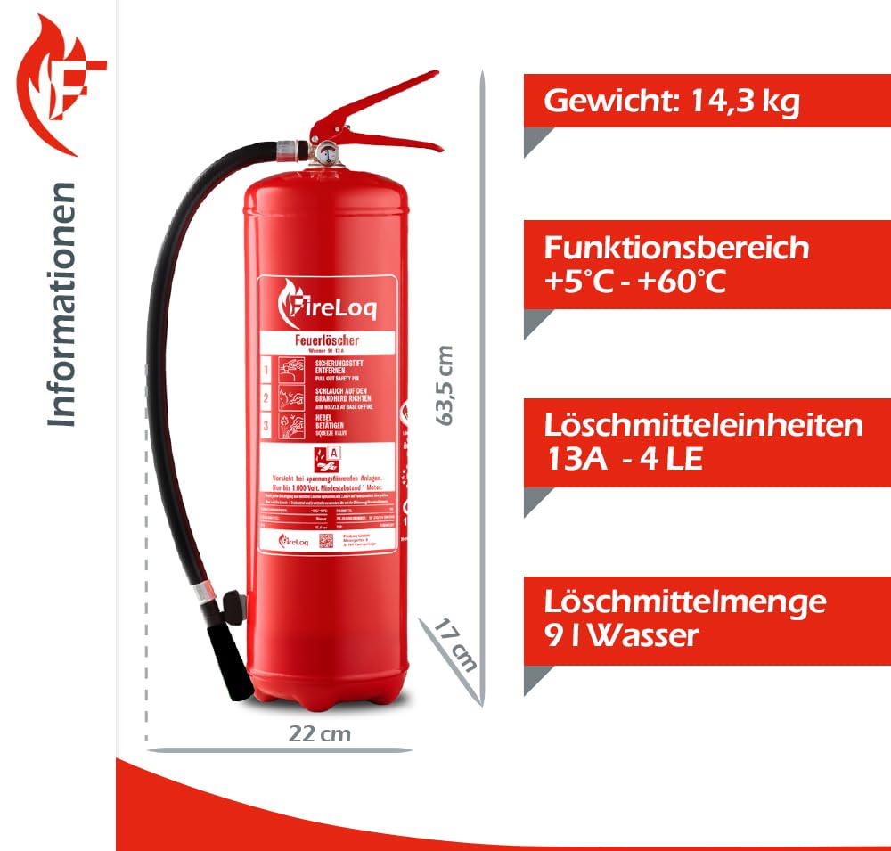 9L Wasser Feuerlöscher für Brandklasse A mit 13A ergibt 4LE Dauerdruck inkl. Prüfnachweis,Wandhalter und Manometer