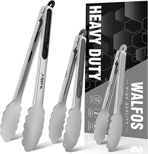 Walfos Pinzas de cocina de acero inoxidable para cocinar, 7, 9 y 12 pulgadas, pinzas de metal de grado alimenticio para cocinar, barbacoa, juego de