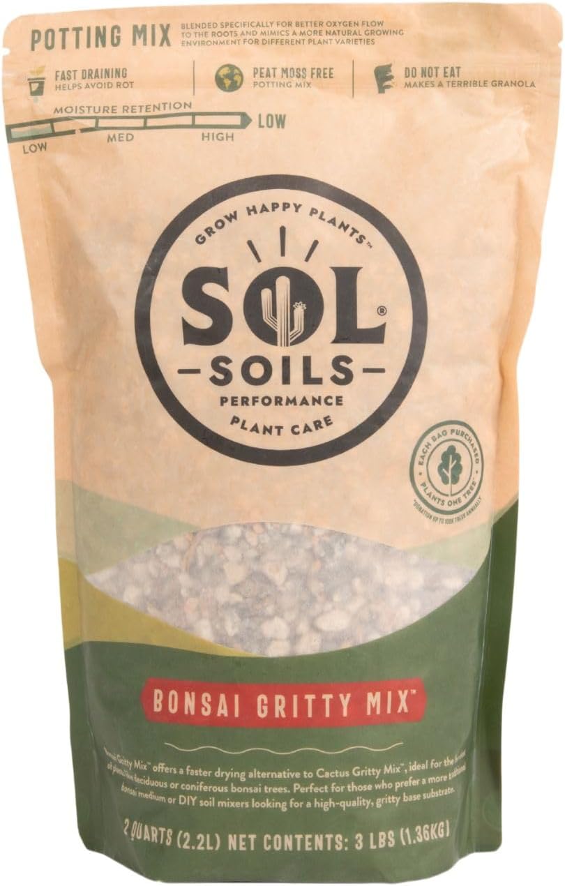Sol Soils Bonsai Soil Potting Mix - Gritty, Fast Draining, Peat Moss Free - 2 Quarts - Pine Bark, Granite, Pumice, Calcined Clay