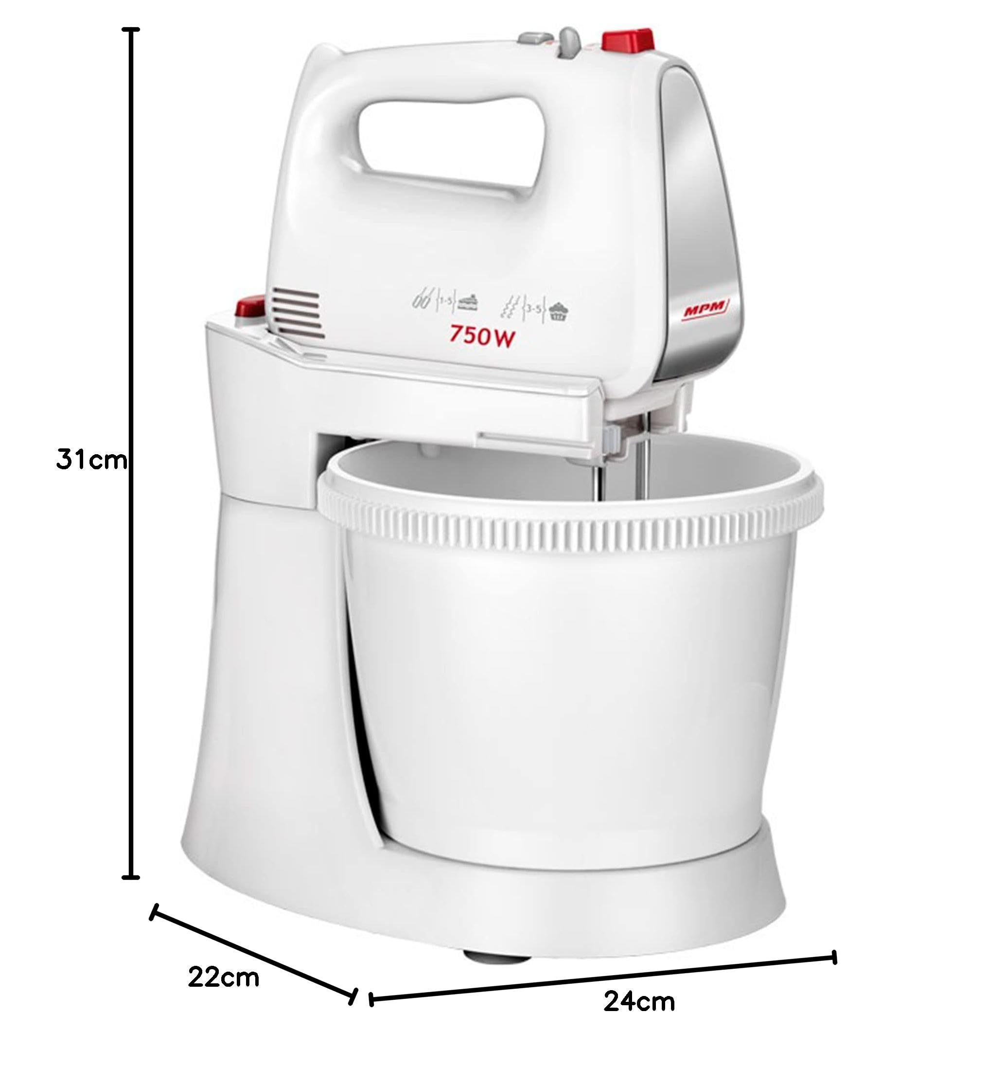 MPM MMR-20Z Mélangeur à Pâtisserie avec Bol Rotative 3L, sans BPA, Robot Pâtissier Boulangerie Cuisine, 5 Vitesses + Turbo, Tiges et Crochet Pétrisseur en Acier Inoxydable, Blanc, 750W