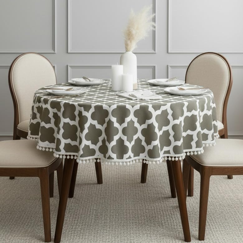 Image of HOMEMONDE Cotton Premium Dining Round Table Cover with White Border Pom-Pom, 45 x 45 Inches Geometric Printed Table Cloth 4 Seater, Round Table Cover - (114x114 CM, Grey)