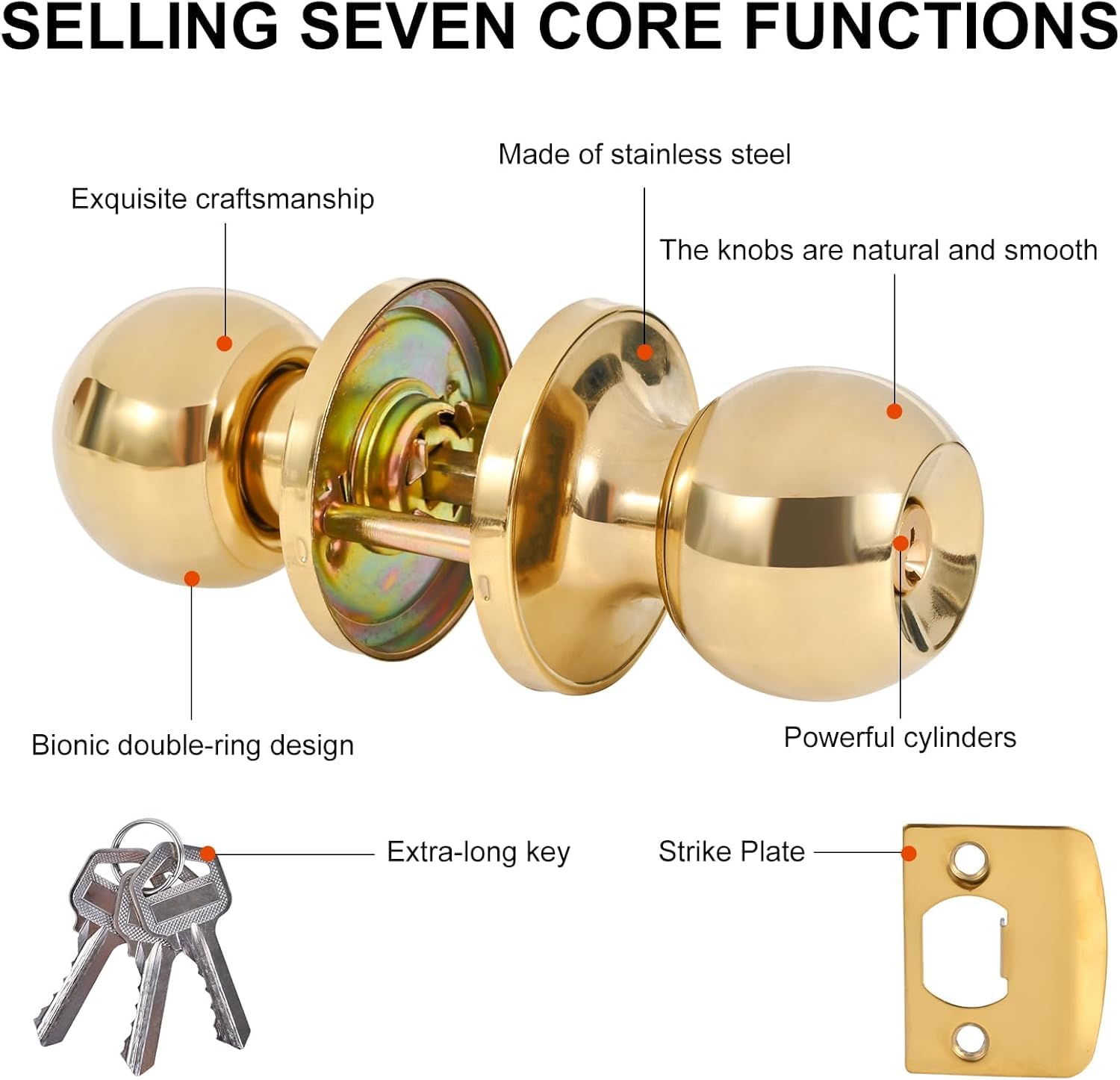 Gold Door Knobs with Lock & Key - 4 Pack -6