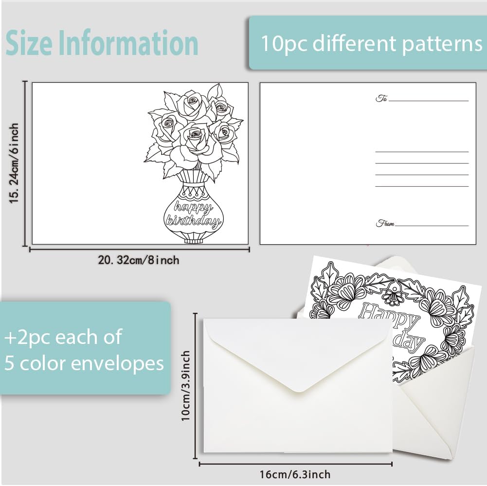 AHANDMAKER 10Pcs Birthday Coloring Greeting Cards, Happy Birthday Painting Greeting Card Kit, Coloring Greeting and Thank You Note Cards, 10 Cards with 5 Colors 10Pcs Envelopes Included (8x6 Inch) - Image 2